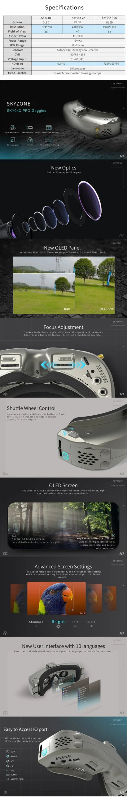 Skyzone SKY04X PRO OLED 5.8GHz 48CH FPV Goggles