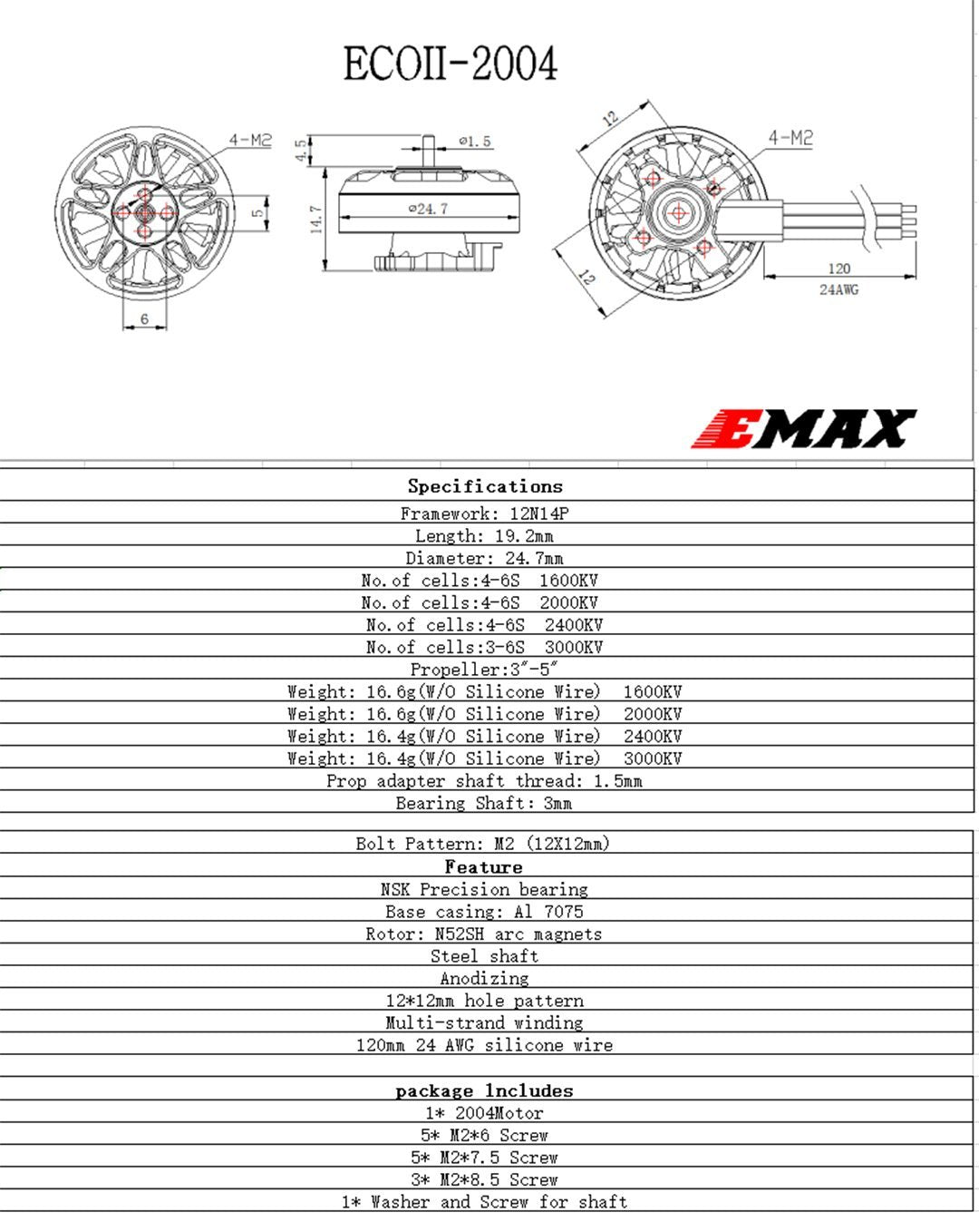 Emax Eco II 2004 Cinewhoop Motor (1600kV, 2000kV, 2400kV, 3000kV)