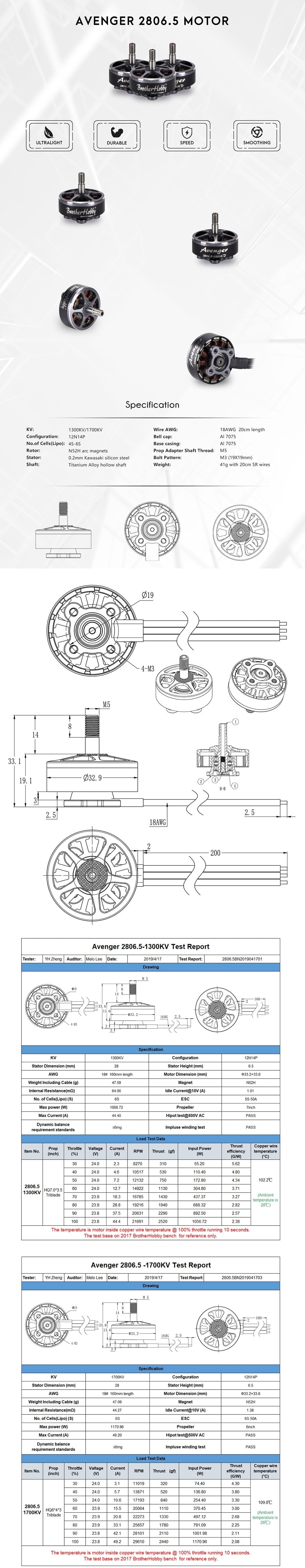 BrotherHobby Avenger 2806.5 Motor (870Kv, 1300Kv, 1700KV)