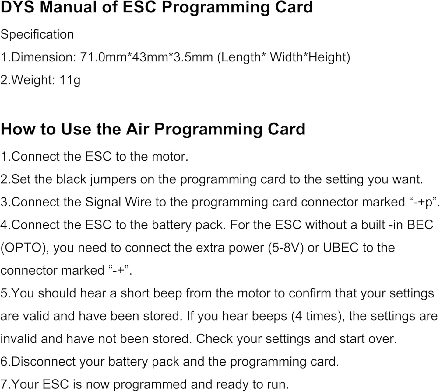 ESC Programming Card for DYS Series ESC