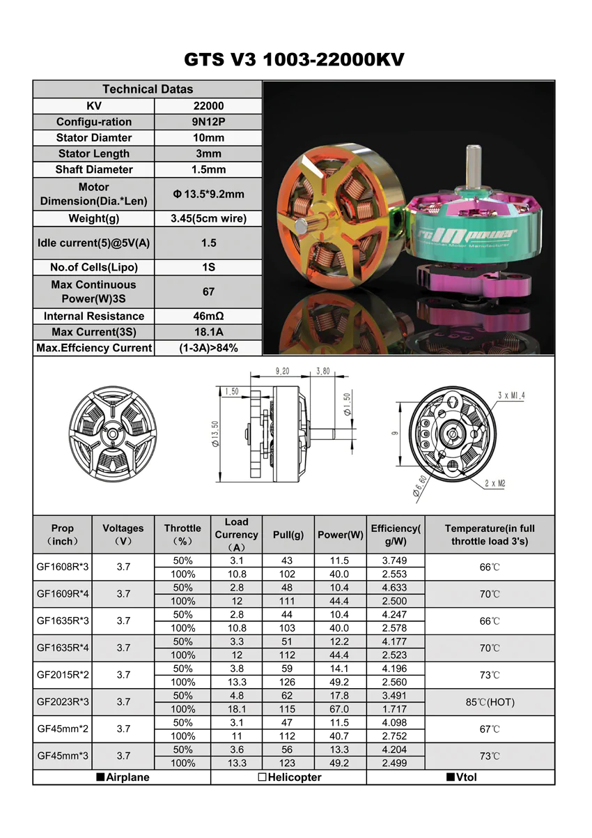 RCinPower GTS V3 1003 1S Drone Motor