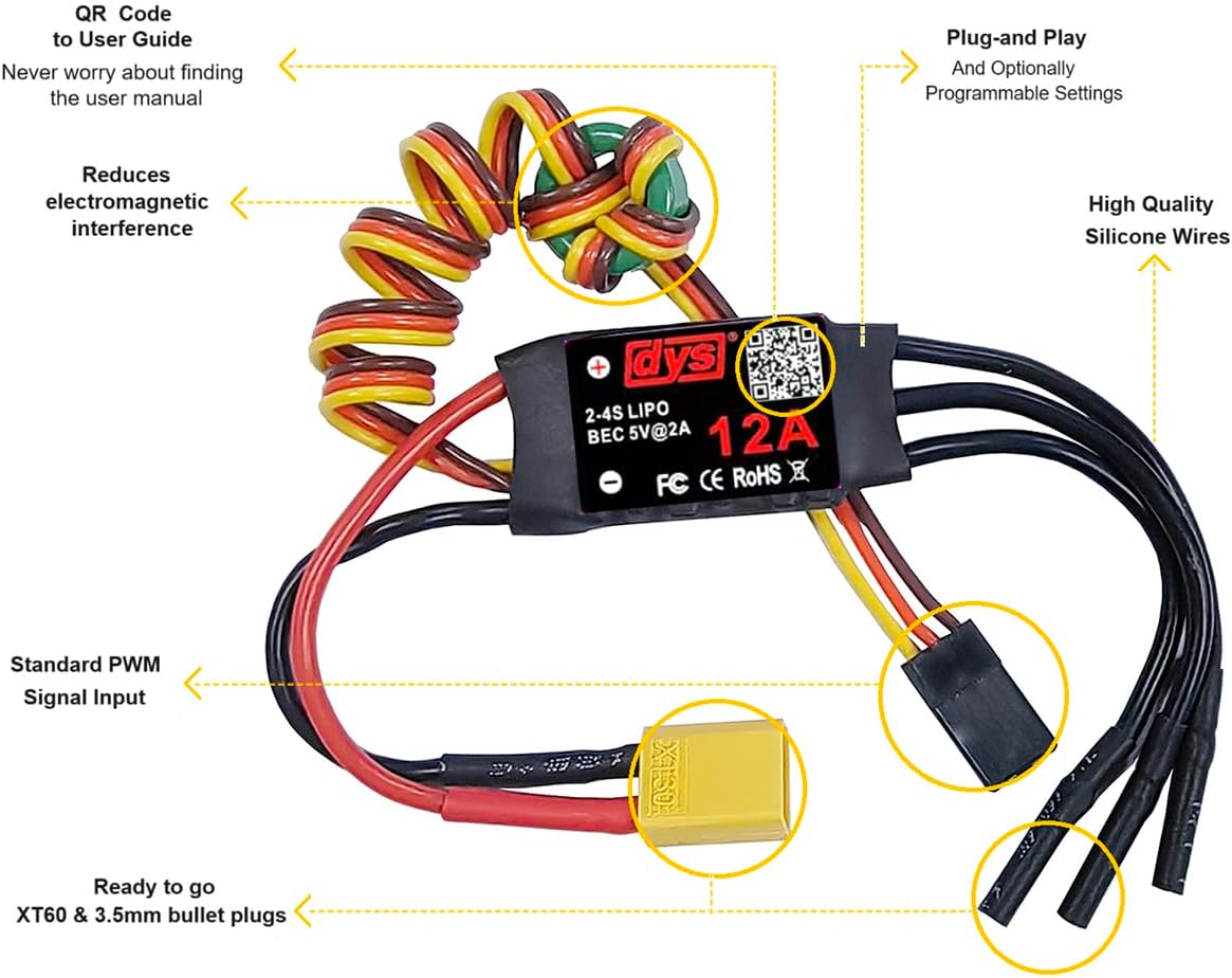 DYS 12A 2-4S Brushless ESC With 5V/1.5A BEC For RC fixed-wing Aircraft