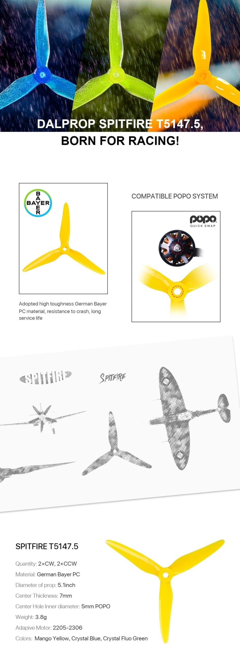 DAL Spitfire T5147.5 Racing Propeller (Pack of 4)