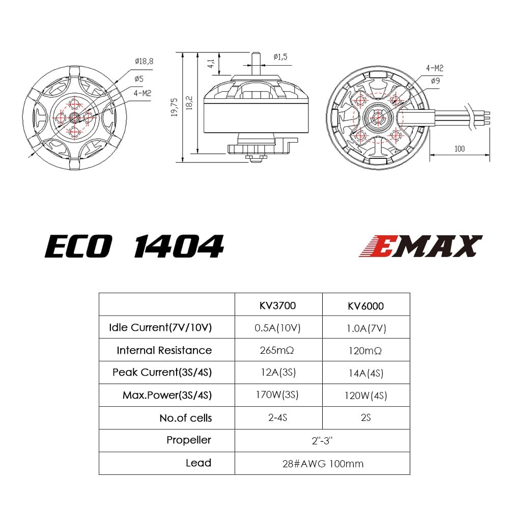 Micro Moteur Haute Efficacité Emax Eco 1404 (3700Kv, 6000Kv)