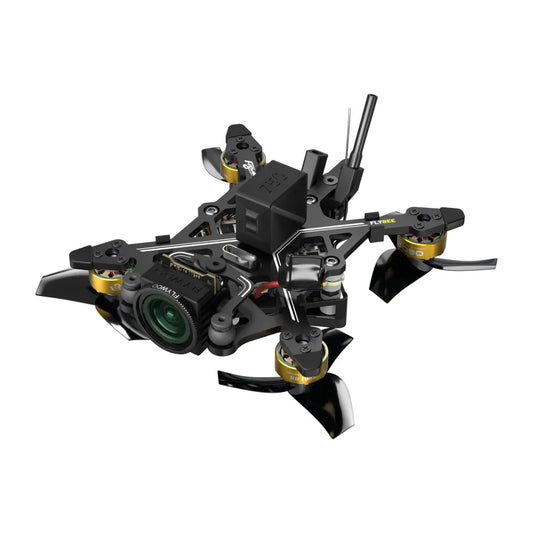 Black and gold drone with camera on a white background