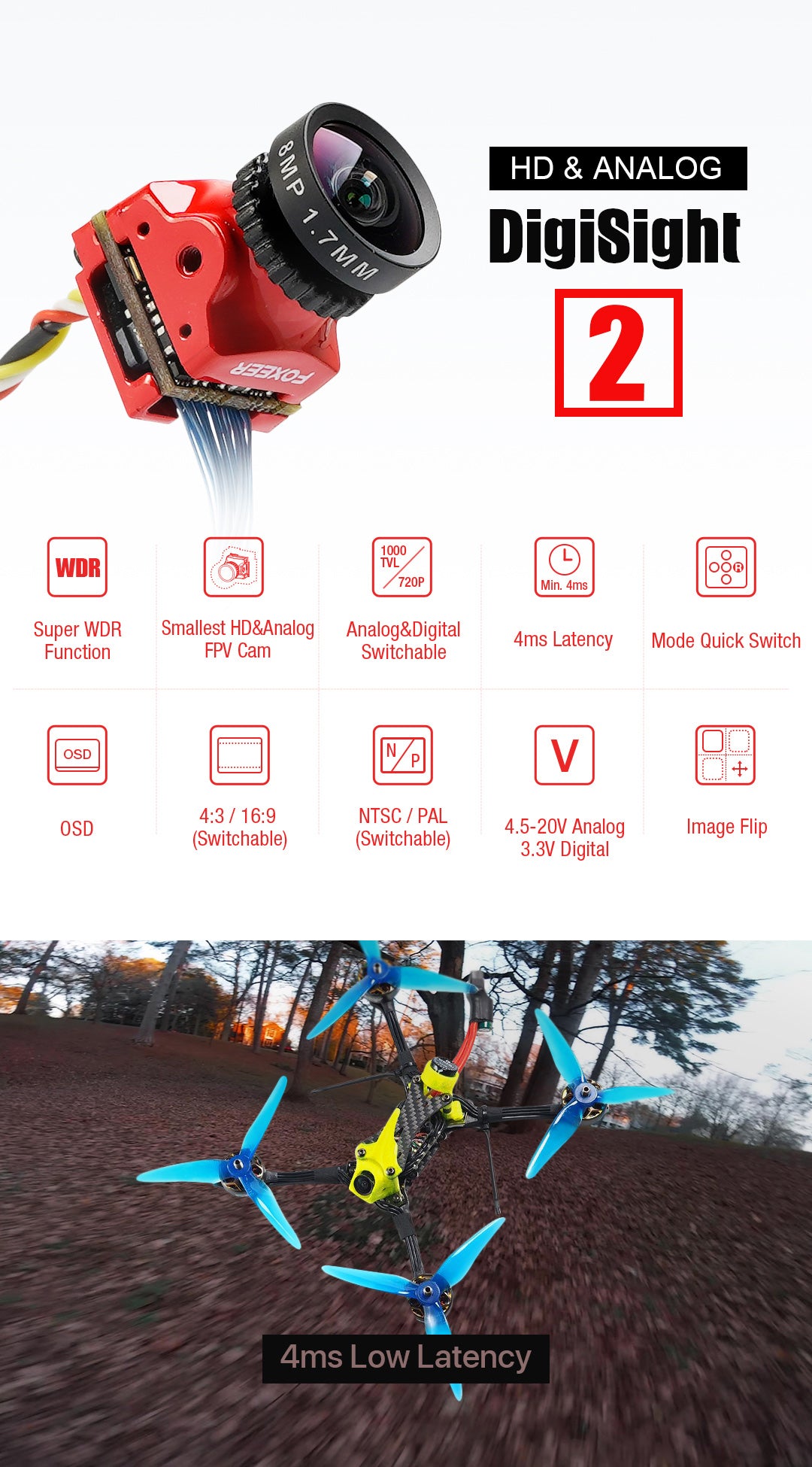 Foxeer Digisight 2 Nano 720P Digital/Analog 4ms Latency Super WDR FPV Camera