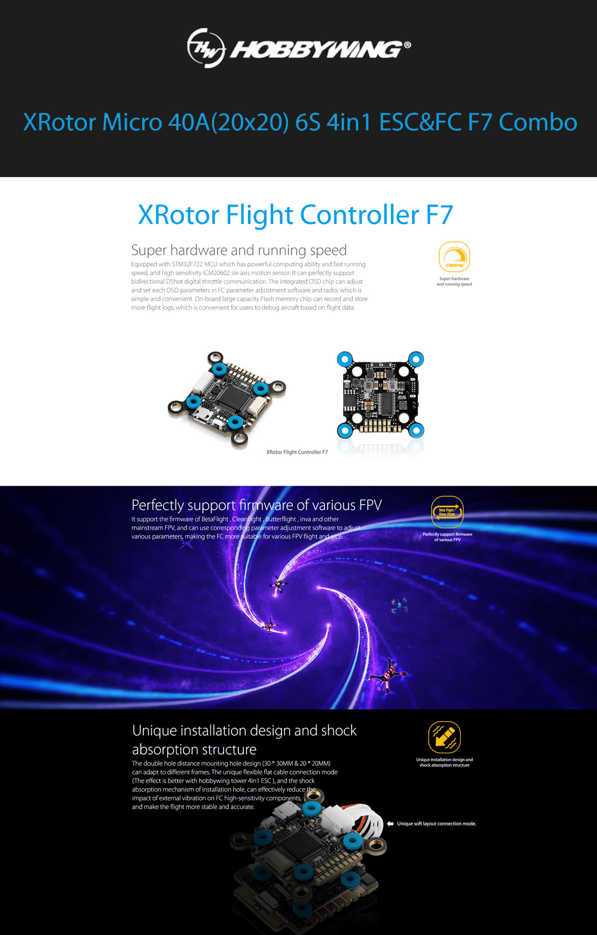 Hobbywing XRotor Micro Combo Stack (F7 FC + 40A BLHeli_32 ESC)