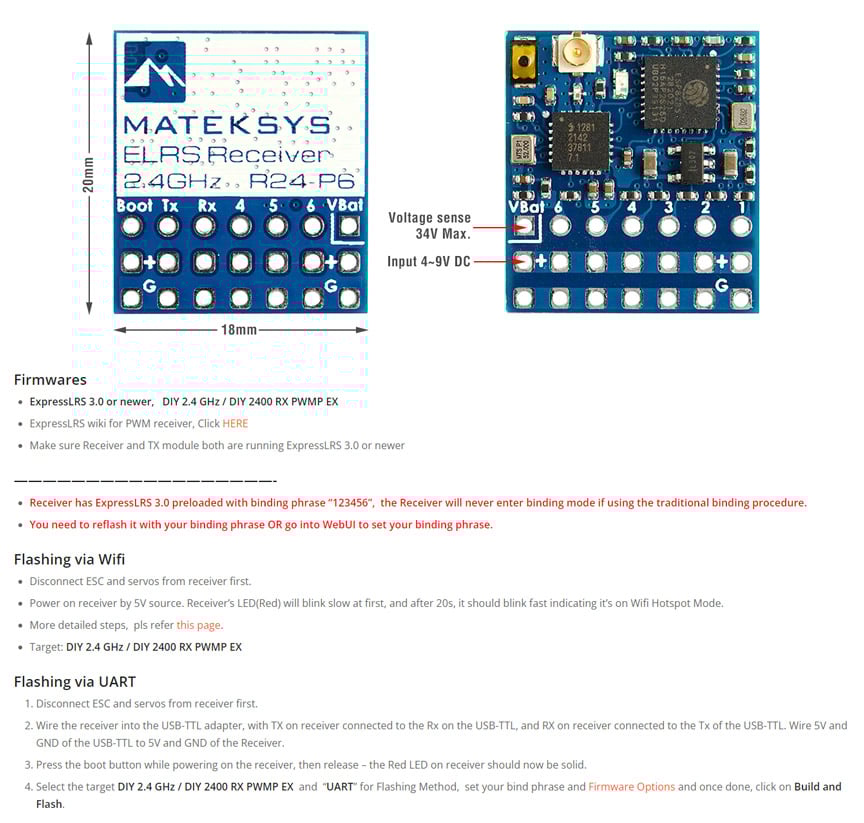 Matek ELRS-R24-P6 2.4Ghz Express LRS PWM Receiver