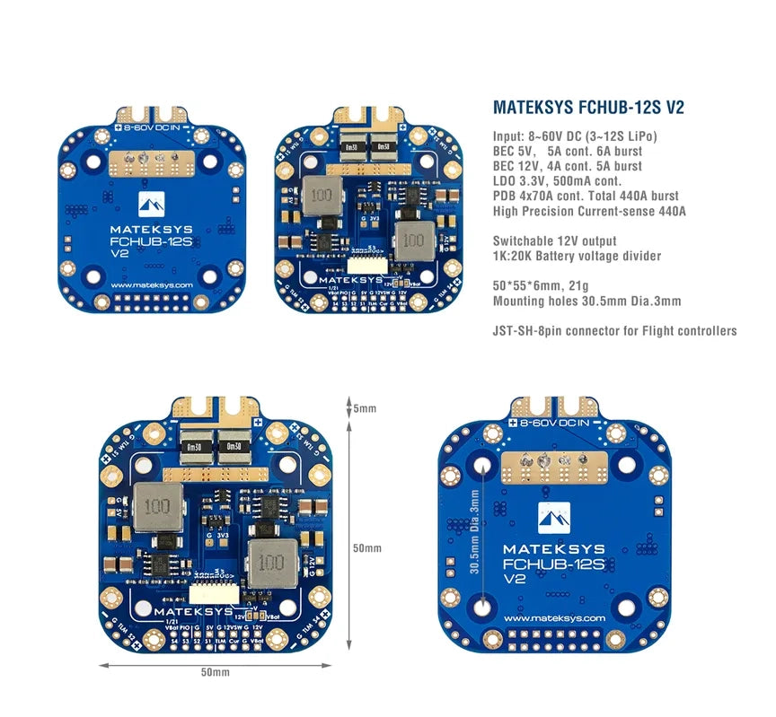 Matek FCHUB-12S V2 PDB with 440A Current Sensor & Dual BEC for X Class Quad