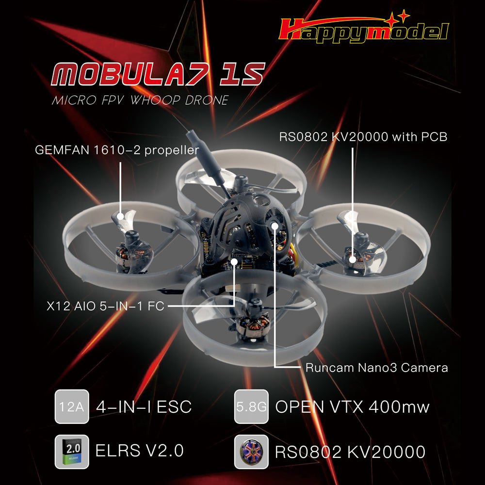 Happymodel Mobula7 1S ELRS 75mm BNF Brushless Whoop (2.4Ghz)