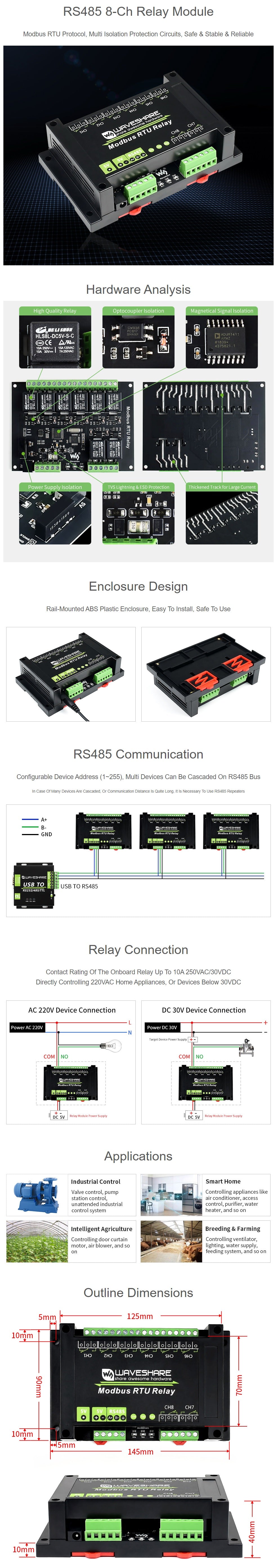 Industrial Modbus RTU 8-ch Relay Module, RS485 Bus