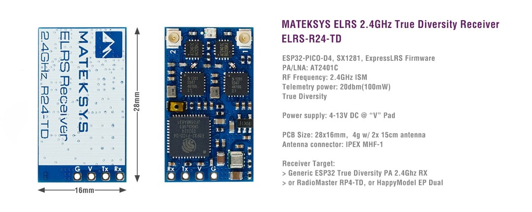 Matek R24-TD ExpressLRS/ELRS 2.4GHz True Diversity Receiver