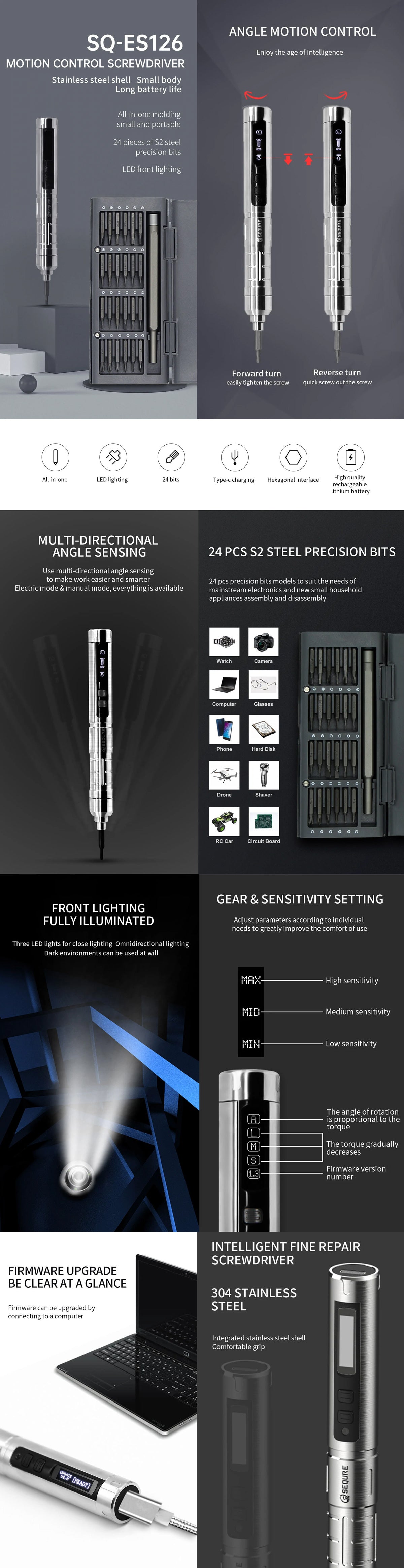 SEQURE SQ-ES126 Smart Electric Screwdriver w/24 Bits
