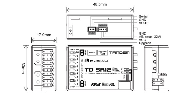FrSky TD SR12 Tandem Dual-Band Receiver (2.4GHz/900MHz)