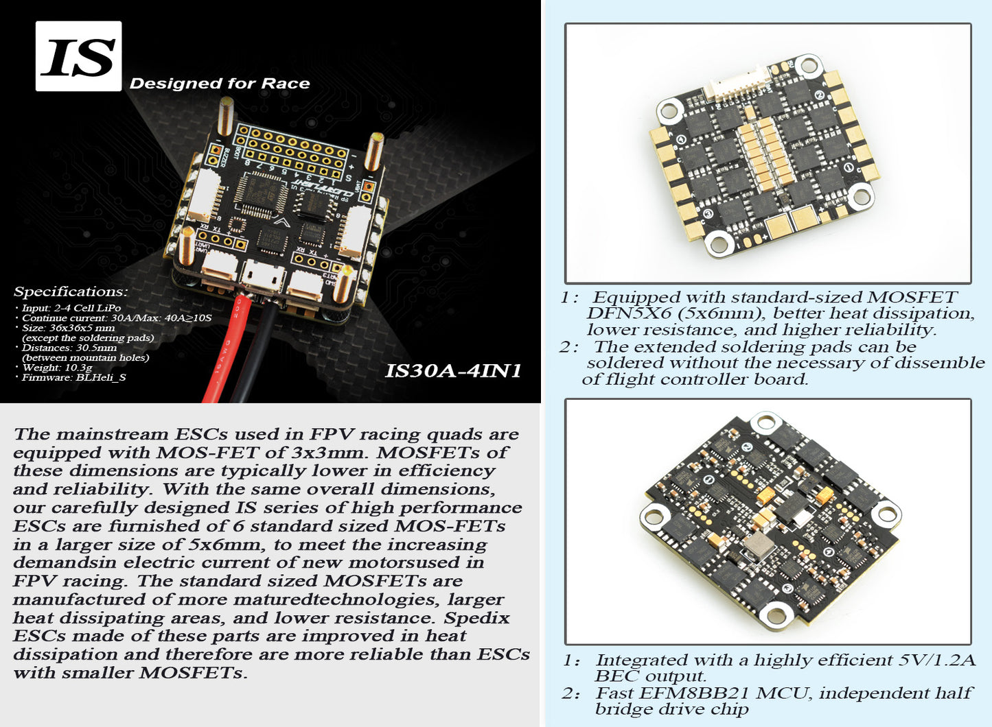 Spedix IS30 30A 4in1 ESC BLheli_S Dshot600 (30x30mm)
