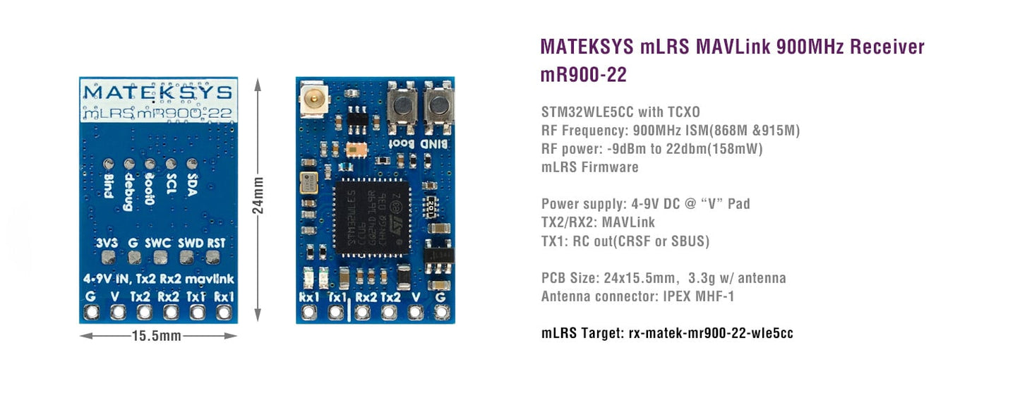 Matek mLRS MAVLink 868/900MHz Receiver, mR900-22