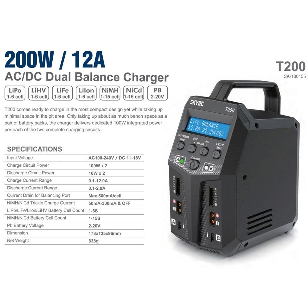 SkyRC T200 200W AC/DC Dual Charger