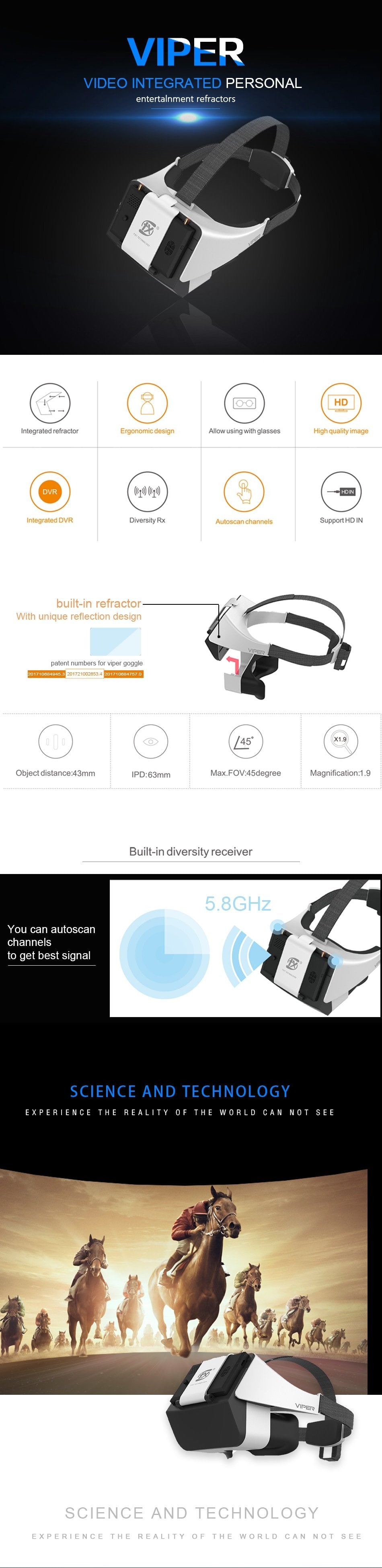 FXT Viper Diversity FPV Box Goggles w/ DVR