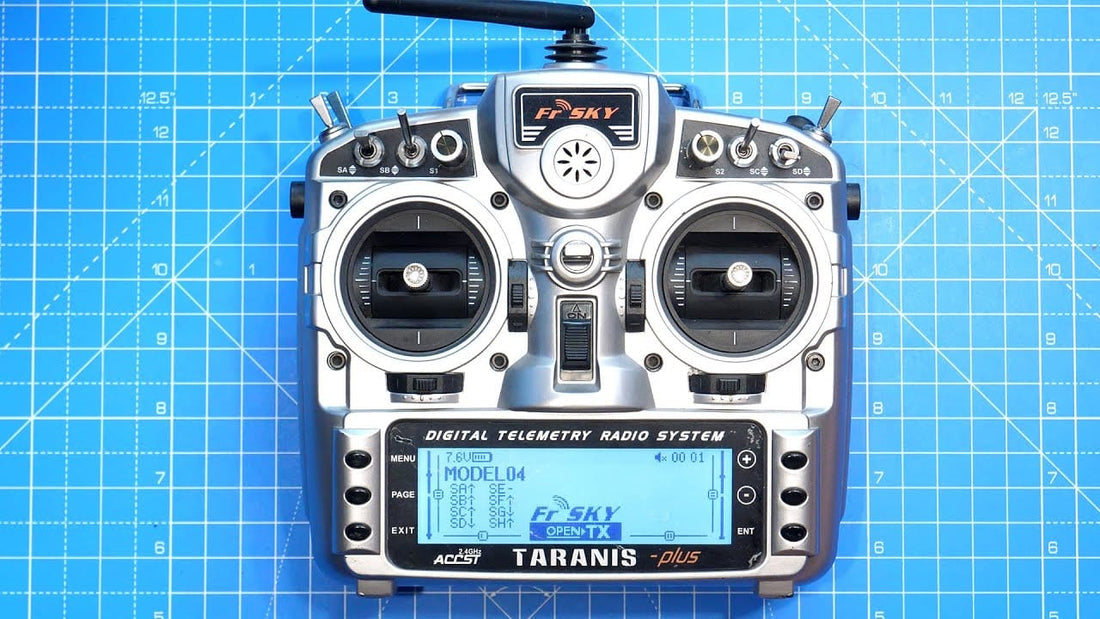 Close up hero shot of a FrSky Taranis FPV radio transmitter.