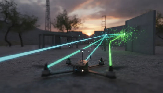 FPV drone illustrating different signal beams for 1.3 GHz, 3.3 GHz, and 5.8 GHz frequencies