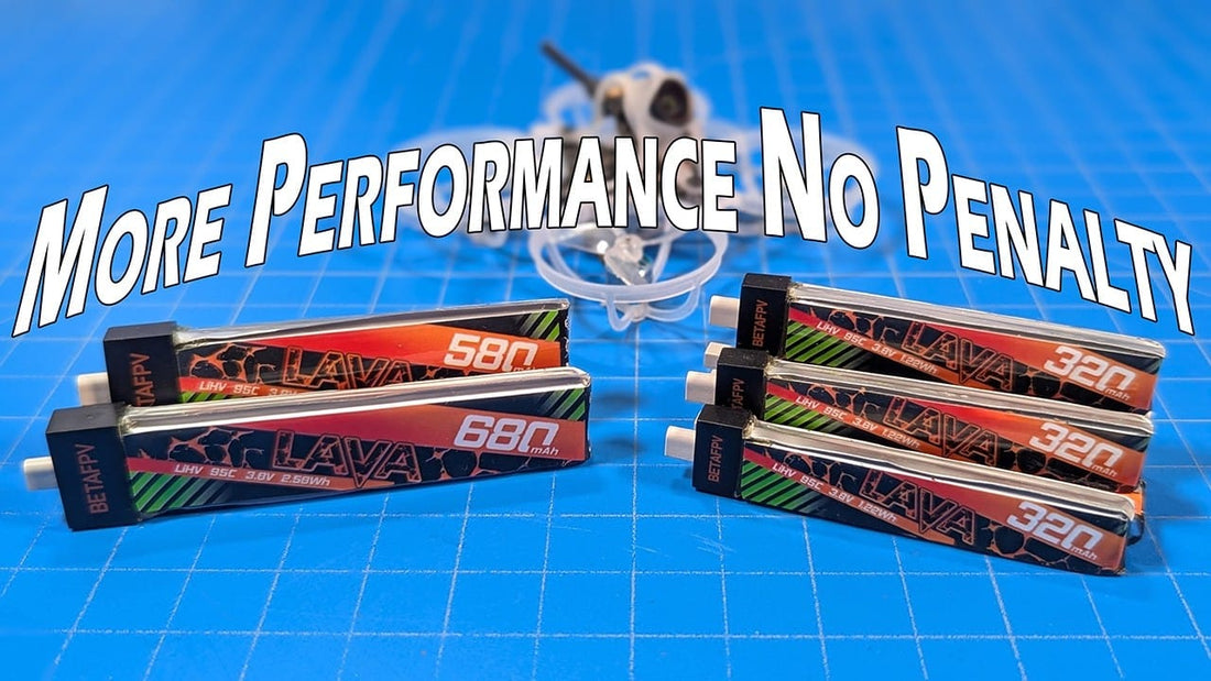 Side-by-side comparison of BetaFPV Lava and Lava II batteries on a blue grid mat.