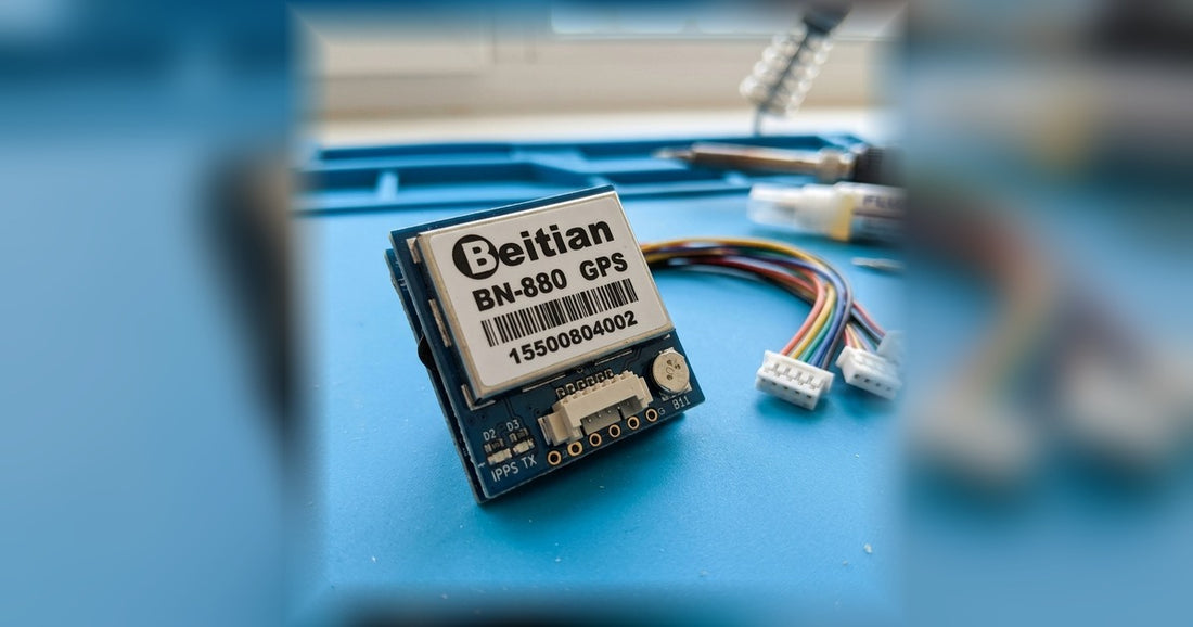 Beitian BN-880 GPS and compass module on an electronics workbench