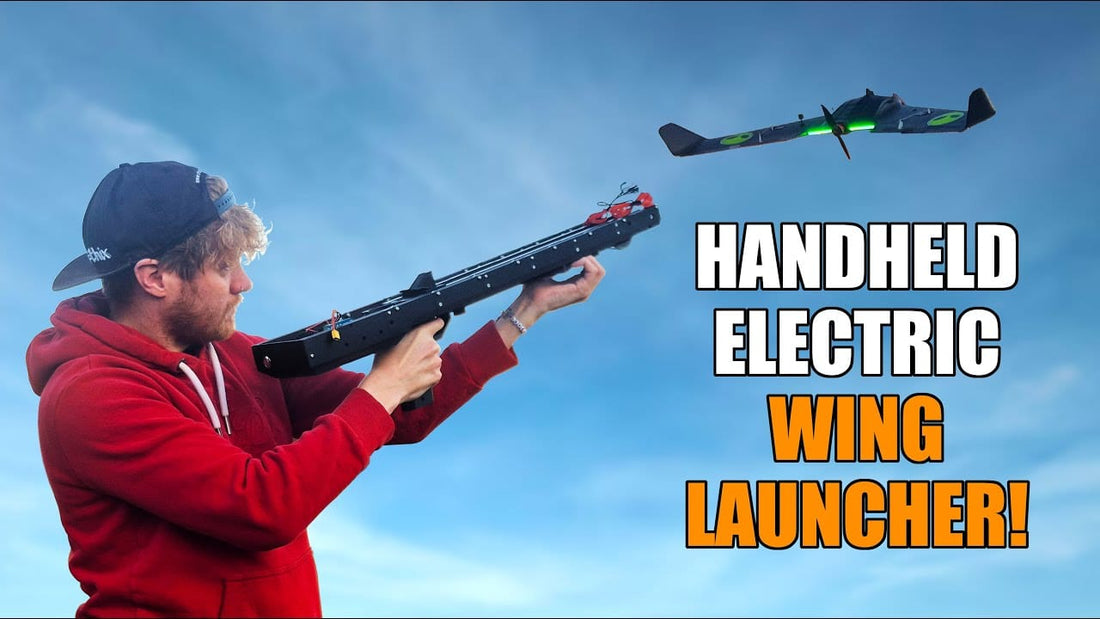 The Drone Slinger V2 handheld flying wing launcher ready for action.