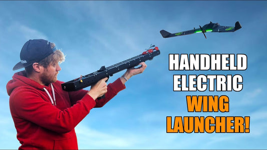 The Drone Slinger V2 handheld flying wing launcher ready for action.