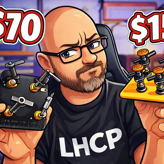 Cartoon of Joshua Bardwell comparing Omnifixo and a cheap alternative helping hands.