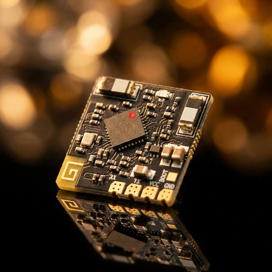 FlySky PR01 ELRS Receiver on a circuit board background