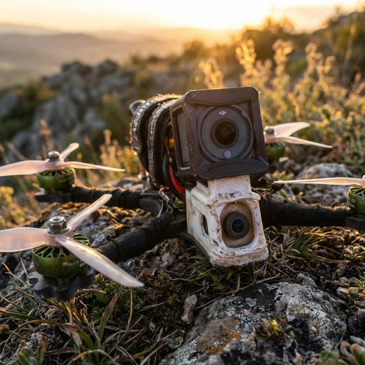 Close-up of a durable freestyle FPV drone ready for flight.
