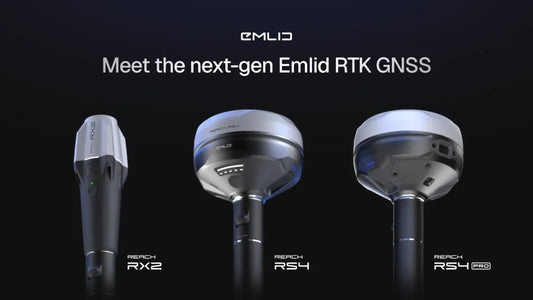 The new Emlid Reach RS4 RTK GNSS receiver on a surveying pole.