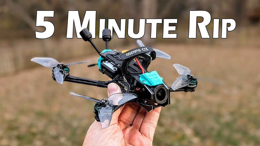 OasisFly35 FPV drone flying low over a backyard in winter.