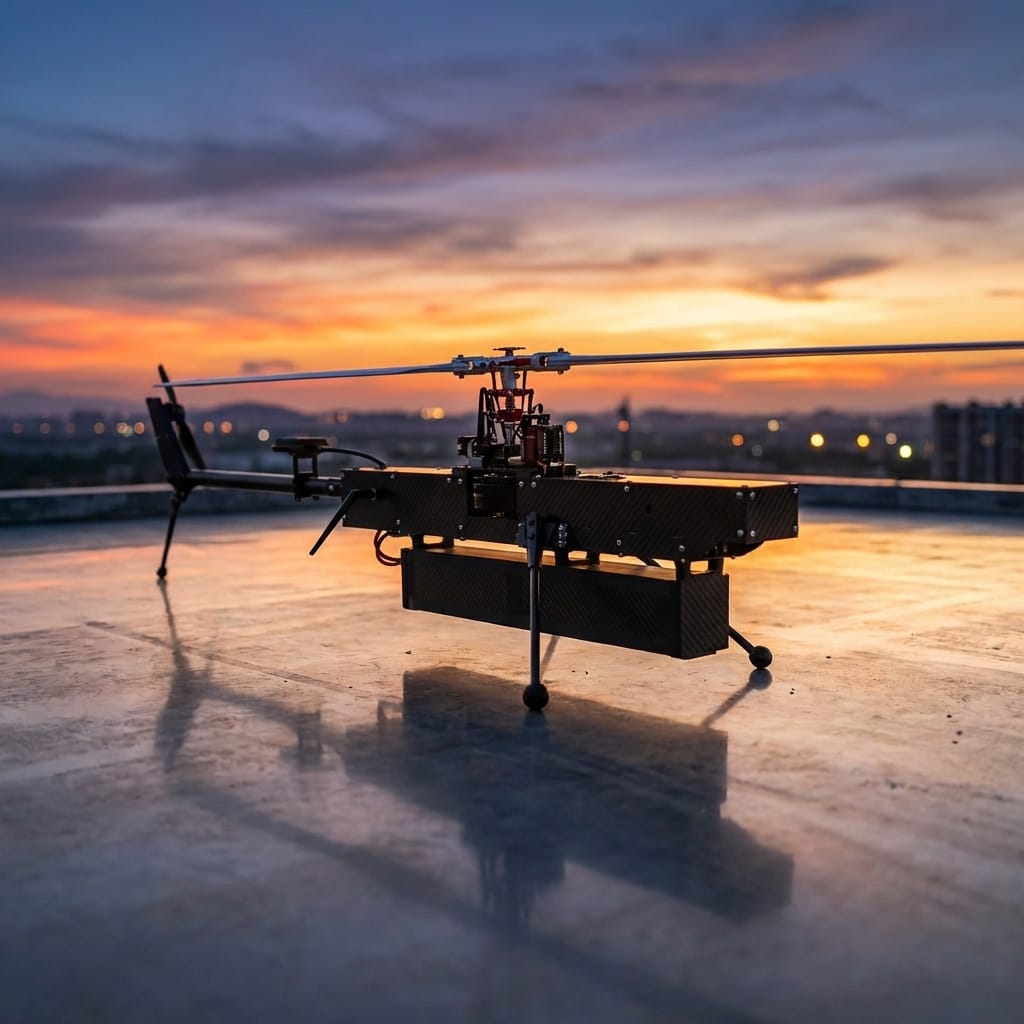 A sleek UAV helicopter hovering, representing a perfectly tuned ArduPilot system.