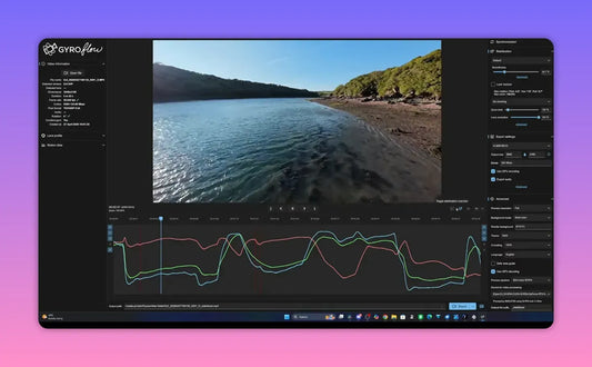 Gyroflow timeline preview showing a stabilised video and multiple gyro motion traces with synchronisation and smoothing controls