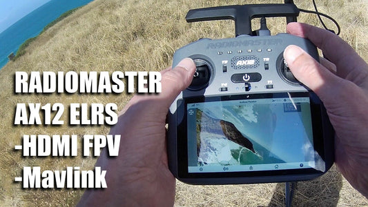 Video thumbnail showing the Radiomaster AX12 transmitter with the built-in screen active, labeled 'Radiomaster AX12 ELRS with HDMI FPV and Mavlink'.