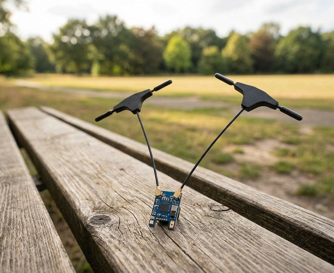 ExpressLRS radio-control hardware for an FPV drone transmitter and receiver setup