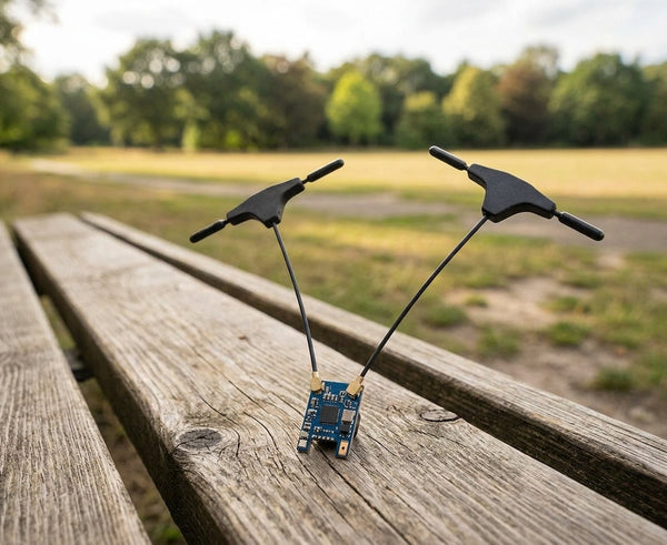 ExpressLRS radio-control hardware for an FPV drone transmitter and receiver setup