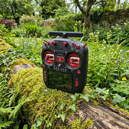 RadioMaster TX16S Mk3 Max transmitter in an outdoor garden setting