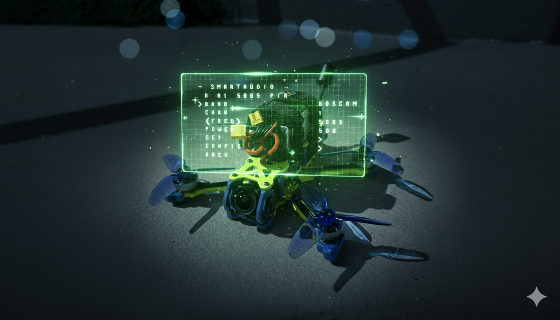FPV drone with a focus on its video transmitter, illustrating SmartAudio configuration.