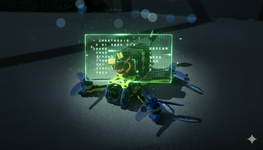 FPV drone with a focus on its video transmitter, illustrating SmartAudio configuration.
