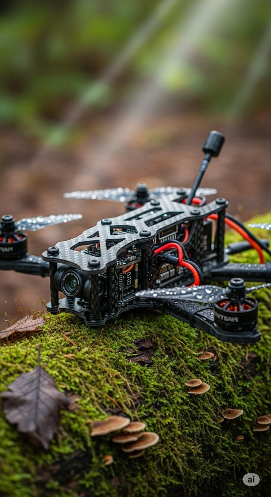 Cinematic FPV drone on a rock with water in background