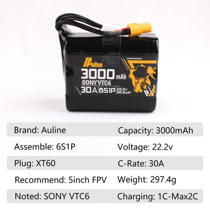 AuLine VTC6 3000mAh 6S 22.2V 30A XT60 18650 Li-Ion Battery