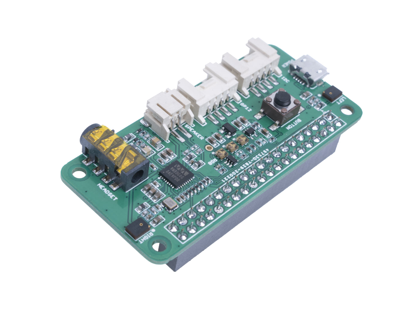 Electronic circuit board with various components on a white background