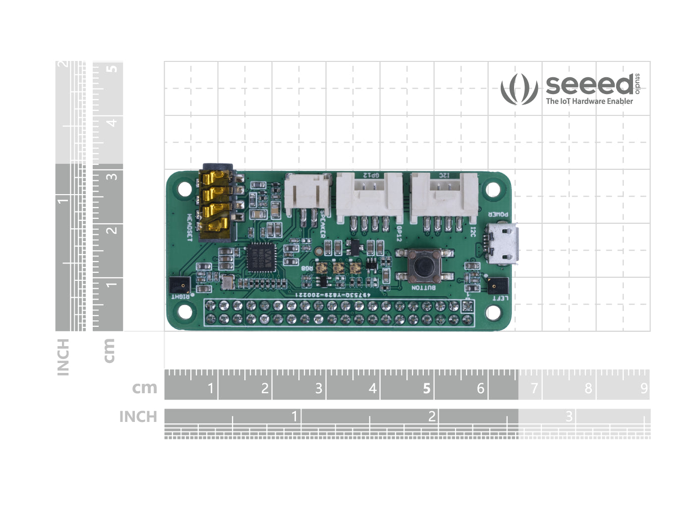 Electronic circuit board with components on a grid background, featuring the Seeed logo.