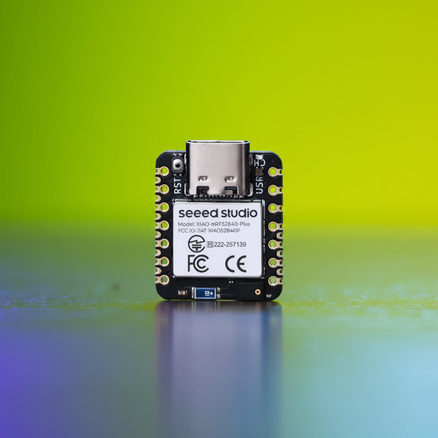 Electronic module with 'seeed studio' branding on a gradient blue background