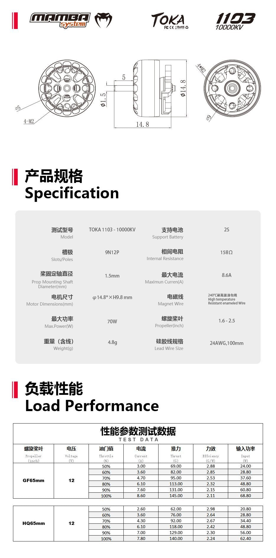 Diatone Mamba Toka 1103 2-3S Brushless Motor (6500Kv, 8500Kv)