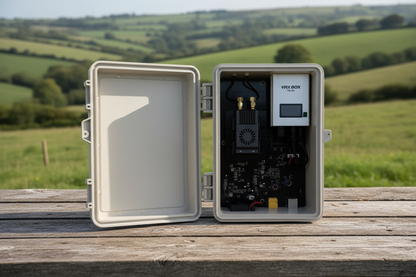 Electronic device in a protective enclosure on a wooden surface with a green field background