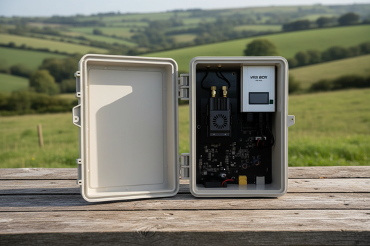 Electronic device in a protective enclosure on a wooden surface with a green field background