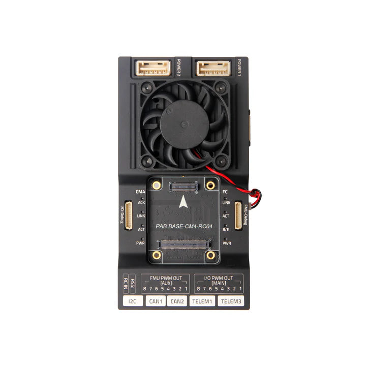 Electronic component with a fan and various connectors on a white background